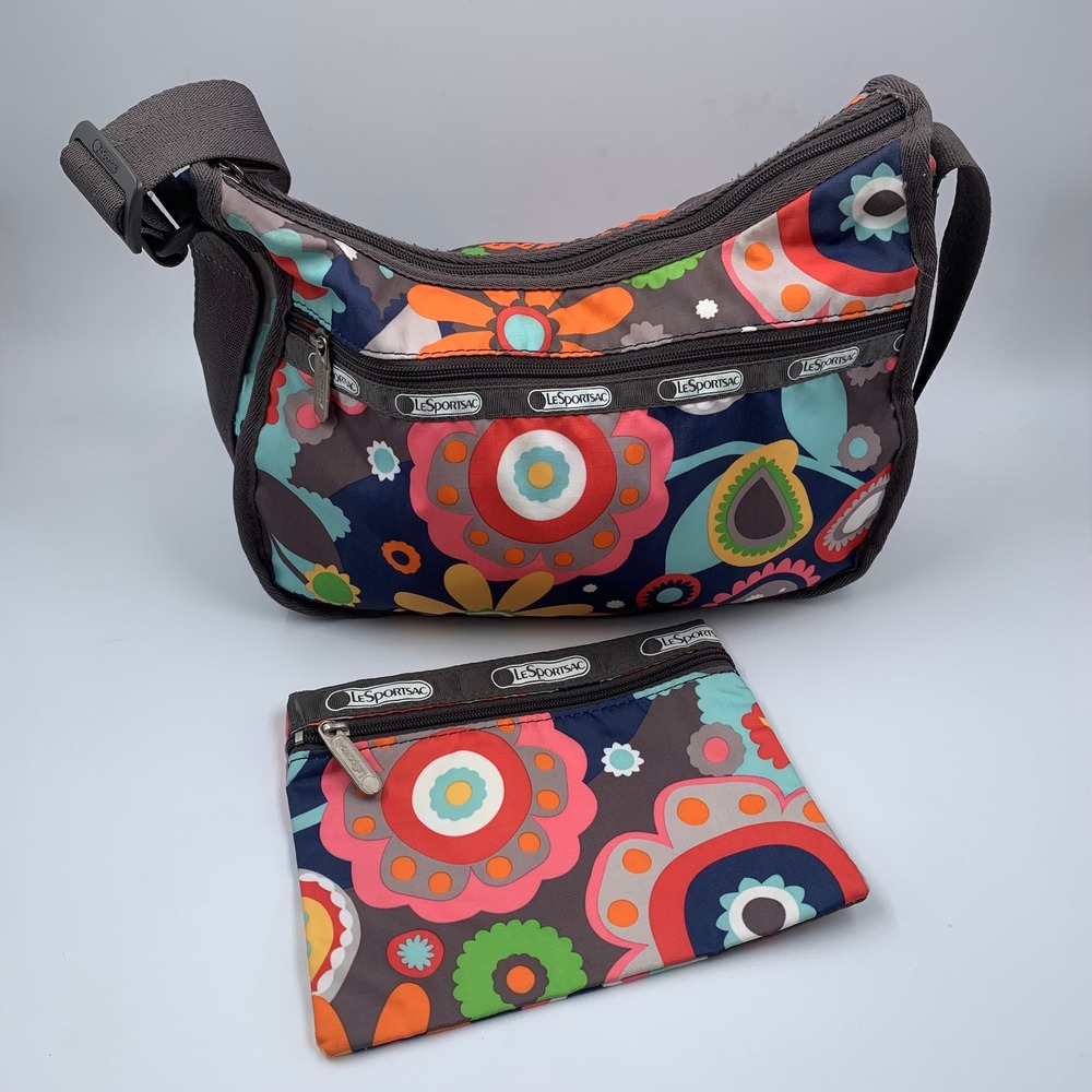 Vtg LeSportsac Retro Floral Crossbody Hobo Bag with Matching Zipper Pouch Y2K